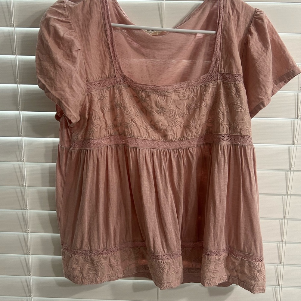 Lucky Brand Dusty Rose Square-Neck Embroidered Peasant Top - Picture 2 of 3